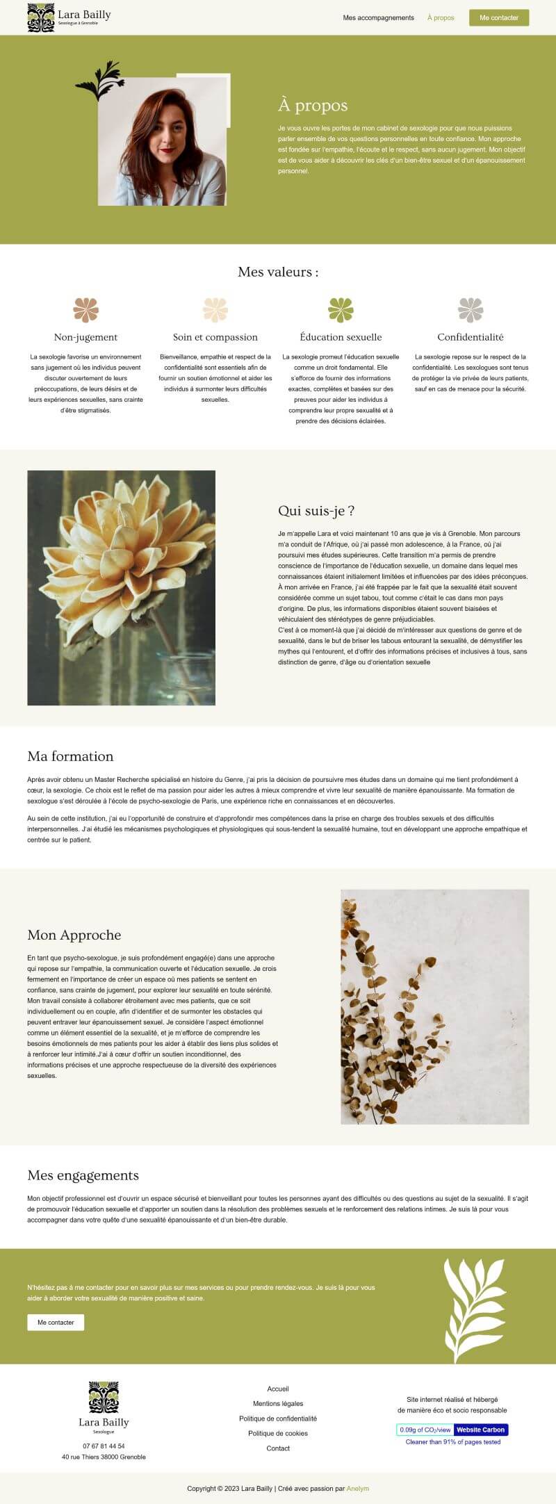 Maquette de la page À propos du site web floral, minimaliste et vert